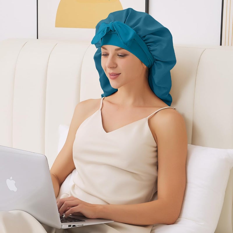 Supaze Long Satin Bonnet for Sleeping, Satin Lined Braid Bonnet with Elastic Band, Long Strap Bonnets for Women Braids(Dark Blue) showercap - Image 3